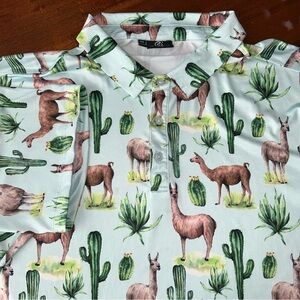 GreenSide Golf Llama & Prickly Pear Cactus Short Sleeve Green Polo‎ Shirt